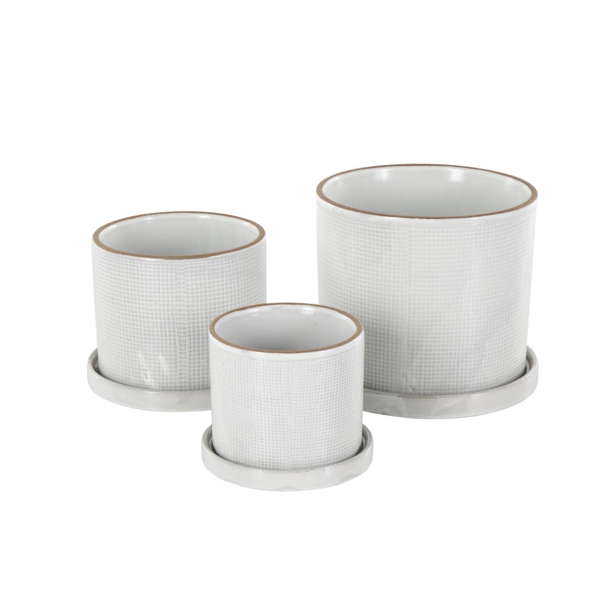 White Geometric Grid Patterned Ceramic Planter Set